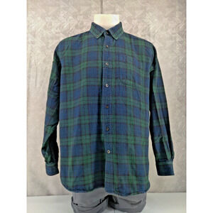 LL Bean Shirt Men Large Flannel Plaid Blackwatch Blue Green Button Long Sleeve